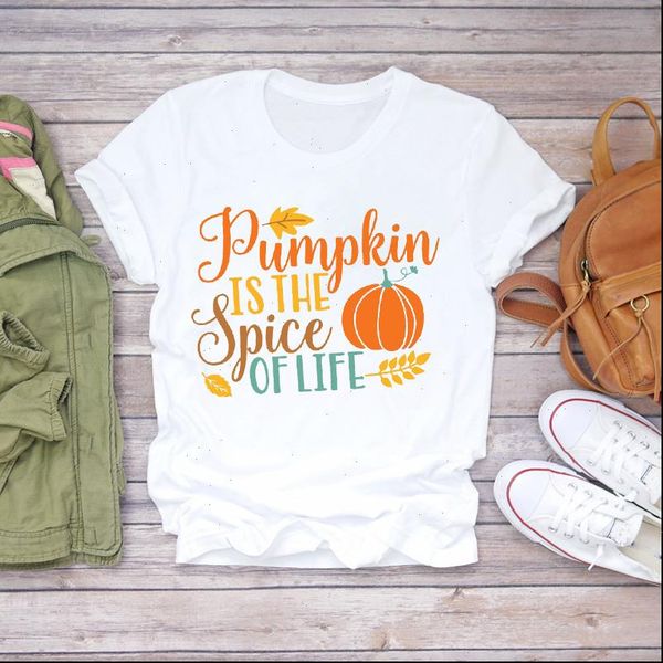 

pumpkin spice season thanksgiving women t shirts halloween fall autumn print graphic tee shirt, White