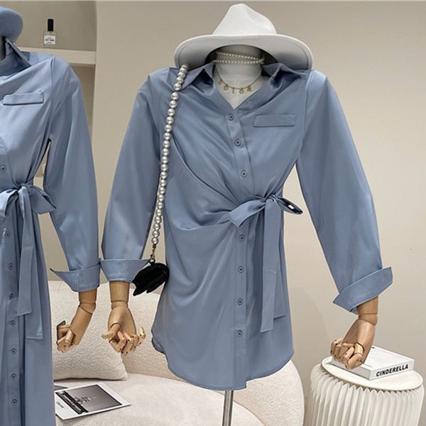 

blouses spring summer fashion design of female niche plissate lower blue belt medium length short shirt dress, White