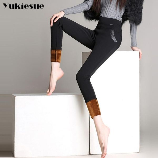 

women's pants & capris 2021 winter warm with velvet women high elastic waist skinny stretch fleece bottom casual pencil female trousers, Black;white
