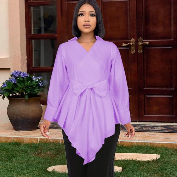 

women's blouses & shirts high street est 2021 fashion blouse elegant v-neck long sleeved tie-band big bow loose shirt, White