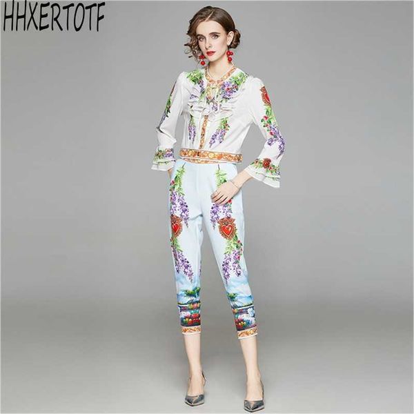 

summer fashion runway 2 pieces set's lotus leaf lace flared sleeve printed shirt + printed pants suit 210531, White