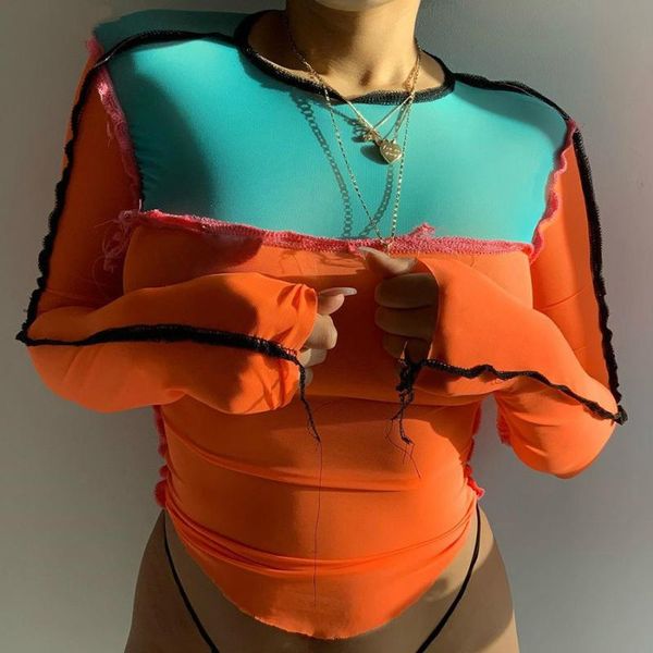 

women's t-shirt contrast color patchwork long-sleeved women 2021 autumn splicing street casual wear cool mesh punk, White