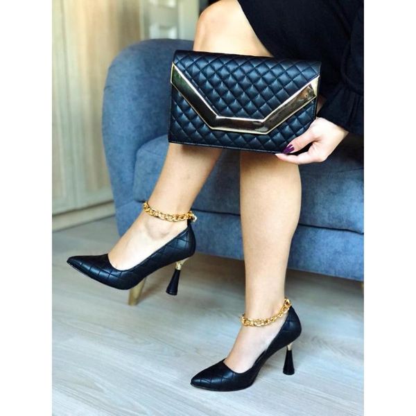 

dress shoes black quilted chain stiletto season modern design high heels gold detail women fashion