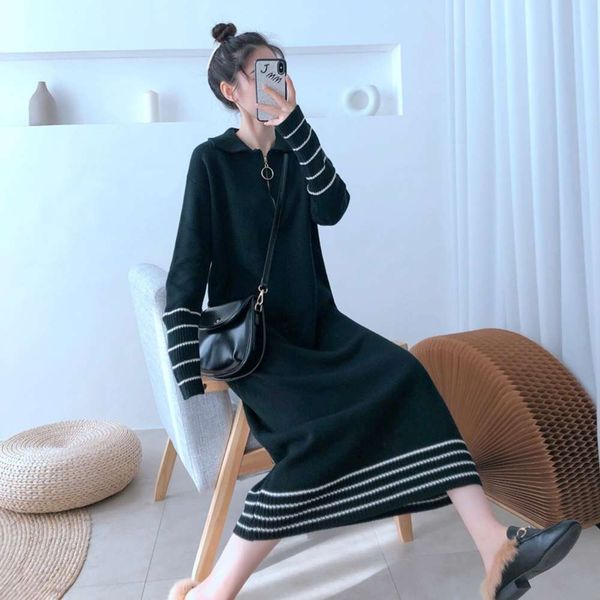 

casual dresses dress women clothes long over knee loose and slim polo collar zipper woolen skirt knitted with overcoat y28u, Black;gray
