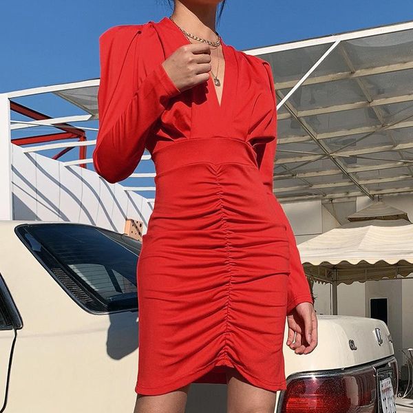 

casual dresses luoyiyang for women package hip pleated long sleeves fashion v-neck solid color party bodycon dress women's clothes, Black;gray
