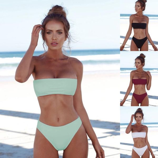 

women's swimwear summer pure color simple wrapped bikini set womens split beachwear seaside two-piece suit, White;black