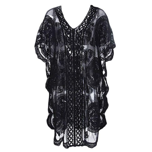

women v-neck bikini cover up see-through floral lace side split beach dress 6xda women's swimwear, White;black