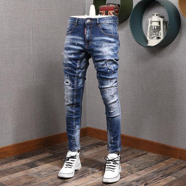 

men's jeans european american street fashion men retro blue elastic slim ripped painted designer hip hop denim punk pants