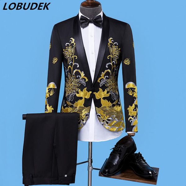 

pieces set men's chinese dress stage host singer costume vintage embroidery suits prom party suit male groom wedding & blazers, White;black