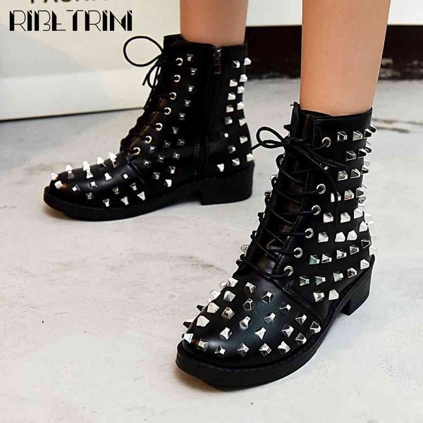 

boots brand big size 43 cool rivets shoelaces chunky heels ankle motorcycles fashion winter shoes boots women, Black