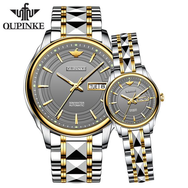 

oupinke luxury lovers mechanical wristwatches for couples stainless steel waterproof silver golden black watch face with case boys birthday, Slivery;brown