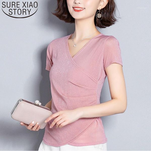 

fashion summer blouses 2021 v-neck slim office lady's solid short sleeve women blouse plus size shirts 4855 50 women's &, White