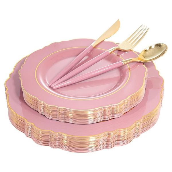 

dishes & plates ac86 -50-piece disposable tableware bronzing lace-shaped plastic plate set birthday wedding party supplies