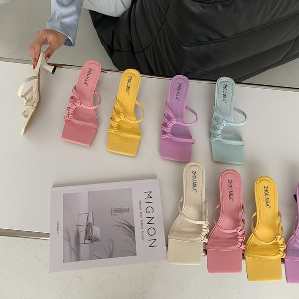 

slippers 2021 kitten heel knotted outdoor women square open toe summer sandals narrow band designer slides shoes, Black