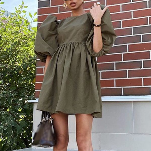 

women's mini dress cotton puff half sleeve o-neck ladies pleated a-line loose pullover elegant dresses summer casual solid 210518, Black;gray