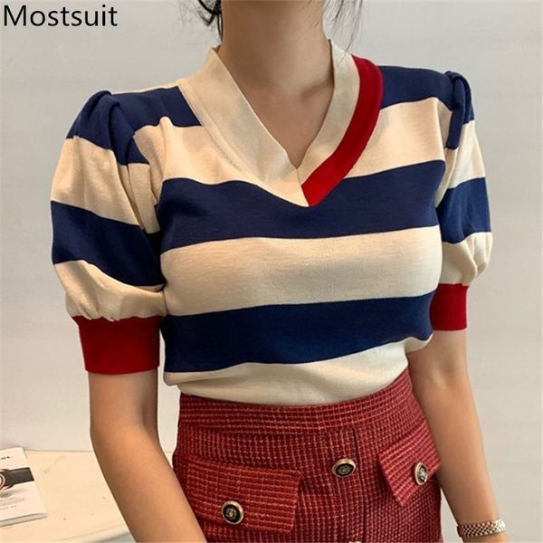 

summer striped knitted tshirt women v-neck short sleeve color-blocked tees pullover korean fashion ladies t-shirt femme 210514, White