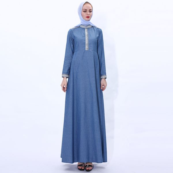 

vintage muslim dress women denim a-line maxi hijab dresses turkey islamic jeans vestidos kimono moroccan kaftan arabic elbise, Red