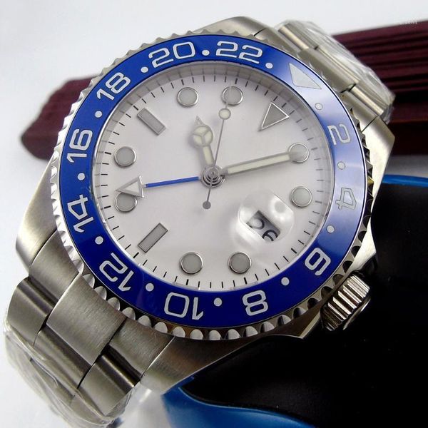 

wristwatches 40mm white sterile dial sapphire glass date luminous steel bracelet gmt automatic movement men's watch, Slivery;brown