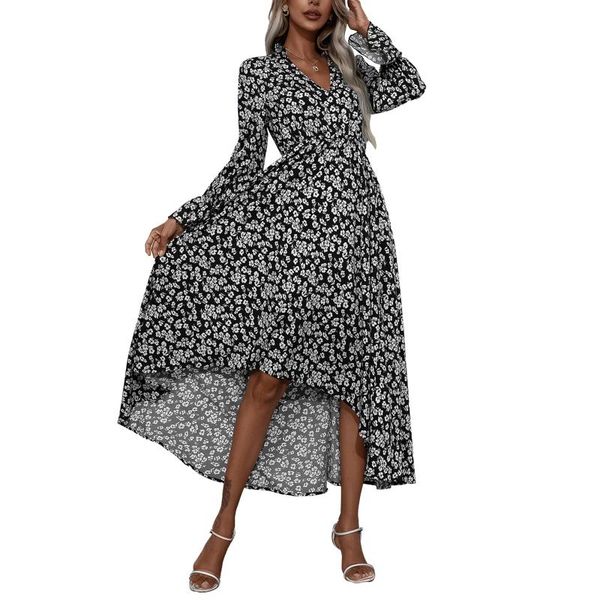 

casual dresses autumn women trendy temperament floral print a-line dress adults style flare sleeve v-neck black/blue, Black;gray