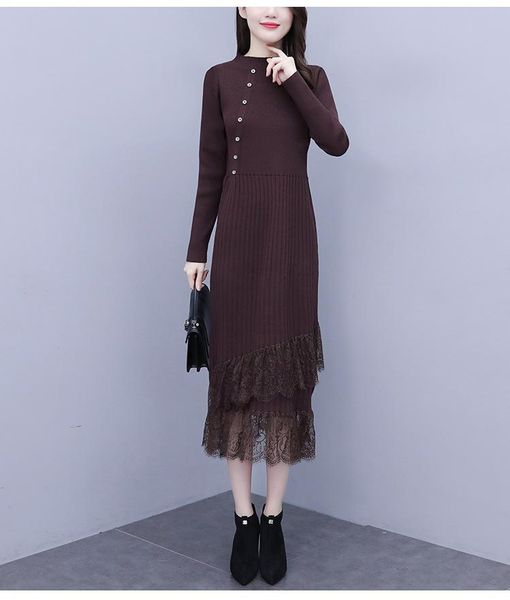 

casual dresses spring and autumn fashion lace stitching medium long knitted sweater women's dress., Black;gray