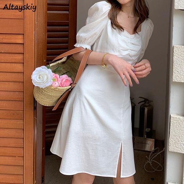 

dresses women summer puff sleeve solid side slit square collar fashionable ulzzang holiday mujer vestidos party ins casual, Black;gray