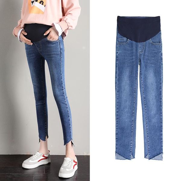 

maternity bottoms 2021 slim and comfortable pants blue black solid color high waist 2119, White