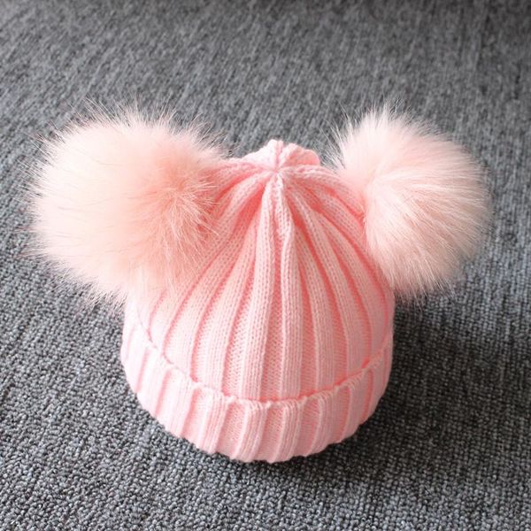 

hair accessories earflap cap children's winter infant born baby kids faux fur wool hat beanie with two double pom for boys and girl, Slivery;white