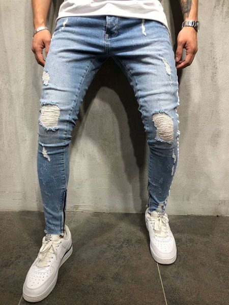 

men ny slim fit disstressed holes light blue ripped biker jeans hiphop papper trousers with white line