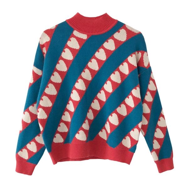 

women sweater stand collar knitted pullovers long sleeve pink blue red heart winter m0166 210514, White;black