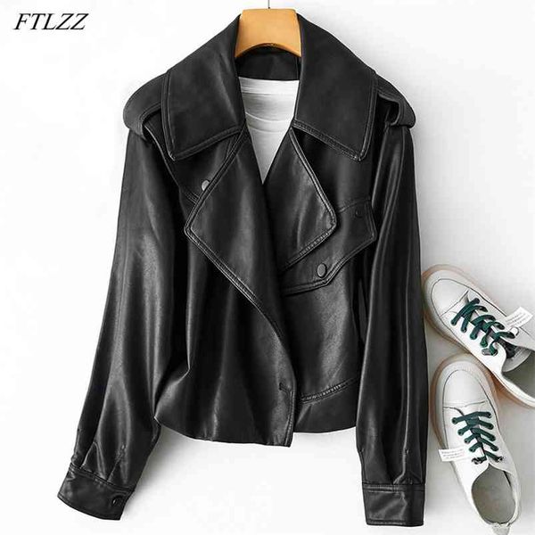 

spring autumn women pu short leather jacket streetwear moto biker turndown collar pocket faux soft coat outwear 210430, Black
