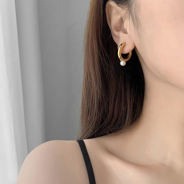 

hoop & huggie hkmmh 925 sterling silver large pearl circle o-shaped earring female fashion simple temperament french romantic handmade, Golden;silver