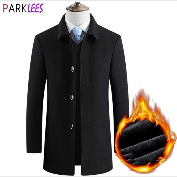 Casacos de cashmere preto clássico de homens inverno magro fit masculino longa lã trincheira casaco engrossar mais blends de lã de lã sobretudo 211011