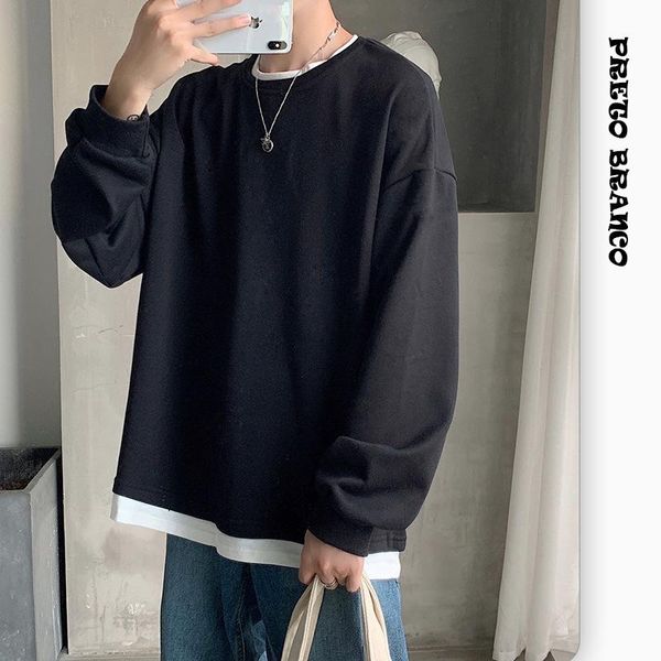 

men's hoodies & sweatshirts 2021 autumn round neck large sweater loose multicolor fake two-piece bottomed shirt lph, Black