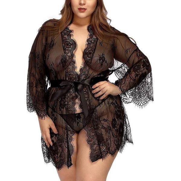 

women's sleepwear robe 3xxl bathrobe lace nightie women bridesmaid bath hollow see-though gift lingerie, Black;red
