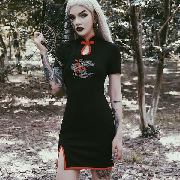 Primavera Autunno Dark Harajuku Gothic Bodycon Dress Donna Cheongsam Ricamo Short Mini Abiti Fashion Street Vintage Dress 210419