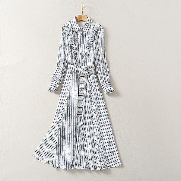 

dresses european and american women's wear winter style long sleeve lapel flower stripe print fashion belt dress lrru, Black;gray