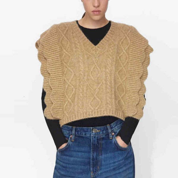 

sweaters cable knit vest sweater women ruffle v neck sleeveless knitted female fashion streetwear loose autumn sweaters, White;black