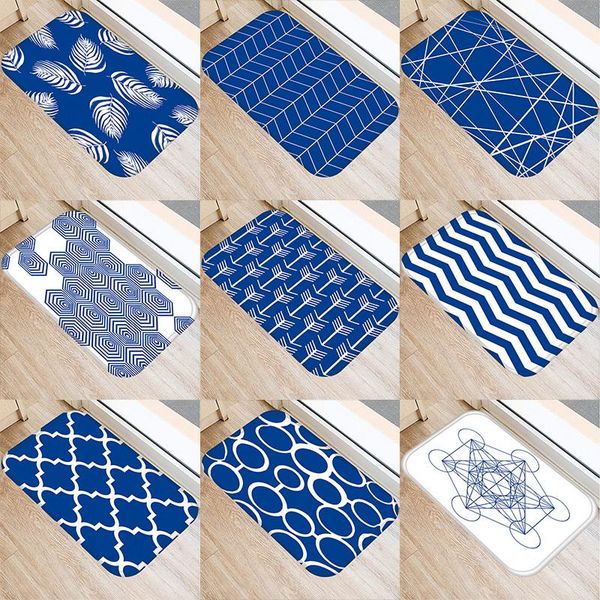 

blue geometric pattern 40*60cm door mat kitchen entrance coral velvet carpet rubber indoor floor mats non-anti-slip rug 48029-2 carpets