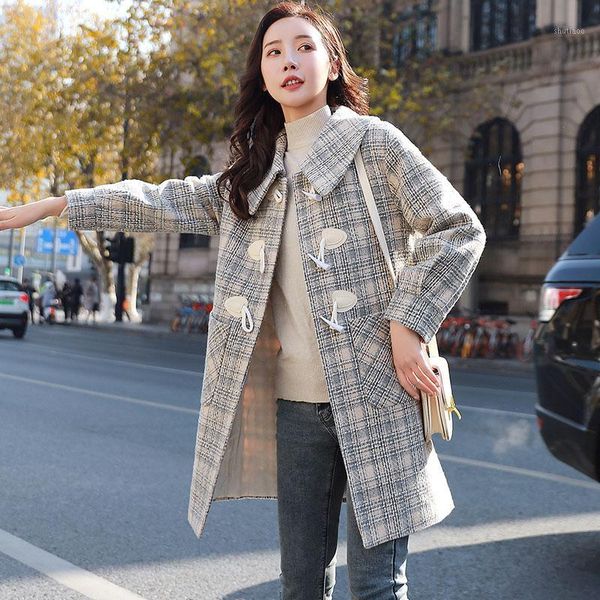 

women's wool & blends woolen coat mid-length 2021 autumn and winter horn button plaid loose, Black