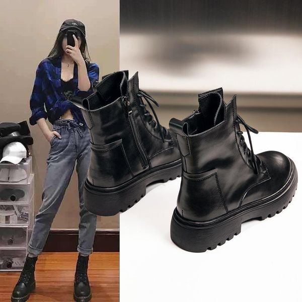 

boots thicken warm women ankle short shoes autumn patent leather lace up ladies female pu non slip winter footwear botas mujer, Black