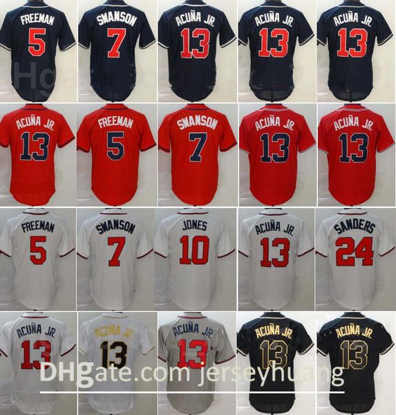 2020 New Men Baseball 13 Ronald Acuna Jr Jerseys 5 Freddie Freeman 7 Dansby Swanson 24 Deion Sanders Marinha Azul Branco Vermelho Base fria