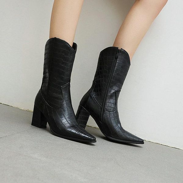 

boots fashion mid-calf for women 2021 women's pointed toe buckle high heel side zipper short shoes large size, Black