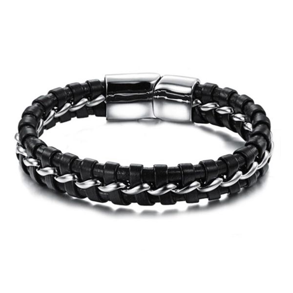 

black leather silver tone stainless steel braided men's bracelet wristband cuff decoration charm bracelets, Golden;silver
