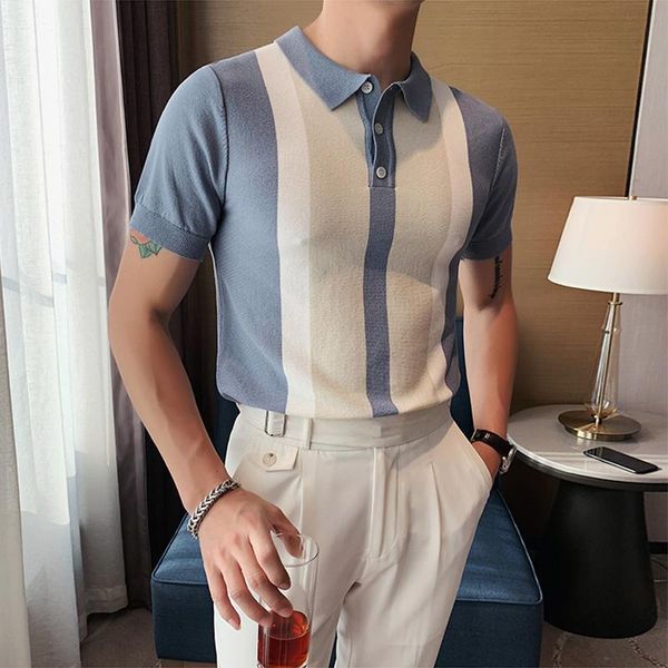 

men's polos vintage patchwork knit slim shirts men fashion 2021 summer short sleeve shirt male casual lapel button mens streetwear, White;black