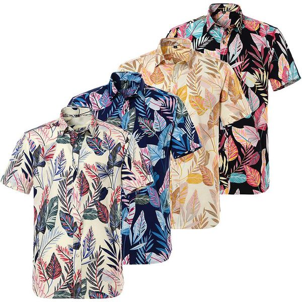 

men's casual shirts summer beach man shirt short sleeve hawaiian print 100% cotton regular fit flower blouse factory direct sale, White;black