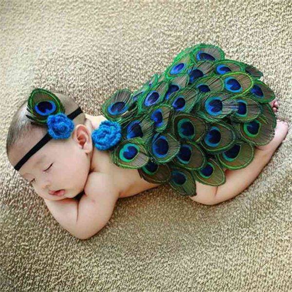 Bebê nascido meninas pavão pavão conjunto 2 pcs outfit funcy para infantil bebe pógrafo vestido + headband adorável terno 210529