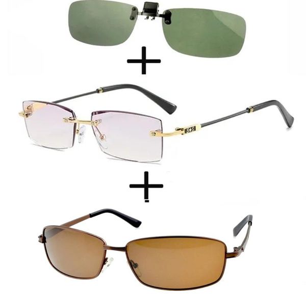 

sunglasses 3pcs rimless frameless luxury reading glasses for men women + alloy polarized brown clip, White;black