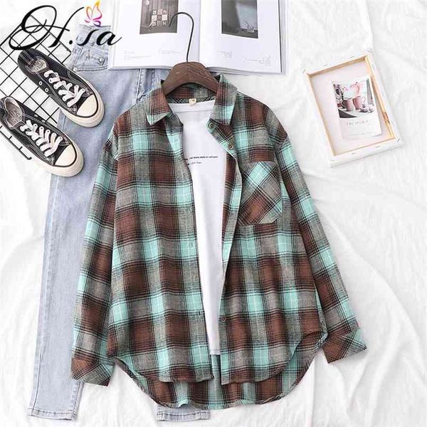 

hsa autumn spring plaid flannel shirt women blouses and retro cotton lady loose outwear korean femme 210430, White