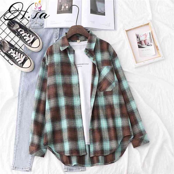 HSA Outono Primavera Plaid Flannel Camisa Mulheres Blusas e Tops Retro Algodão Lady Outwear Femme 210430