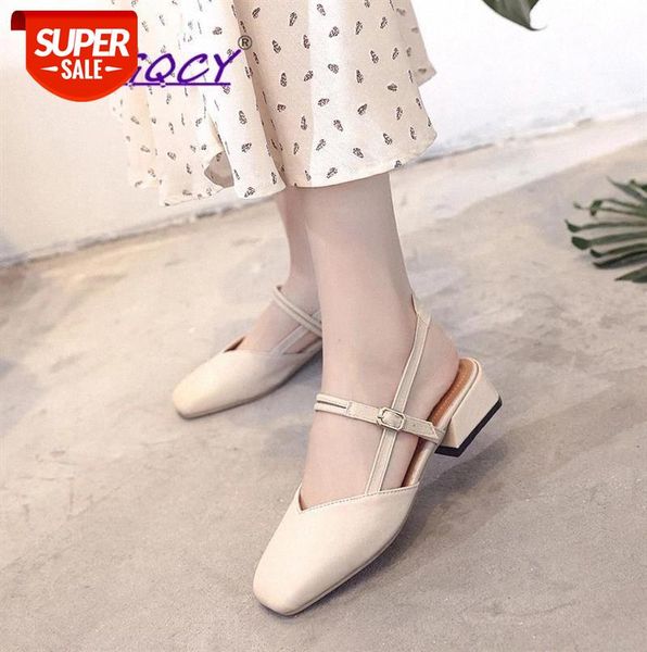 

pu leather mid heels beige pumps women shoes 2019 summer fashion square toe buckle strap casual sandals #ru2n, Black